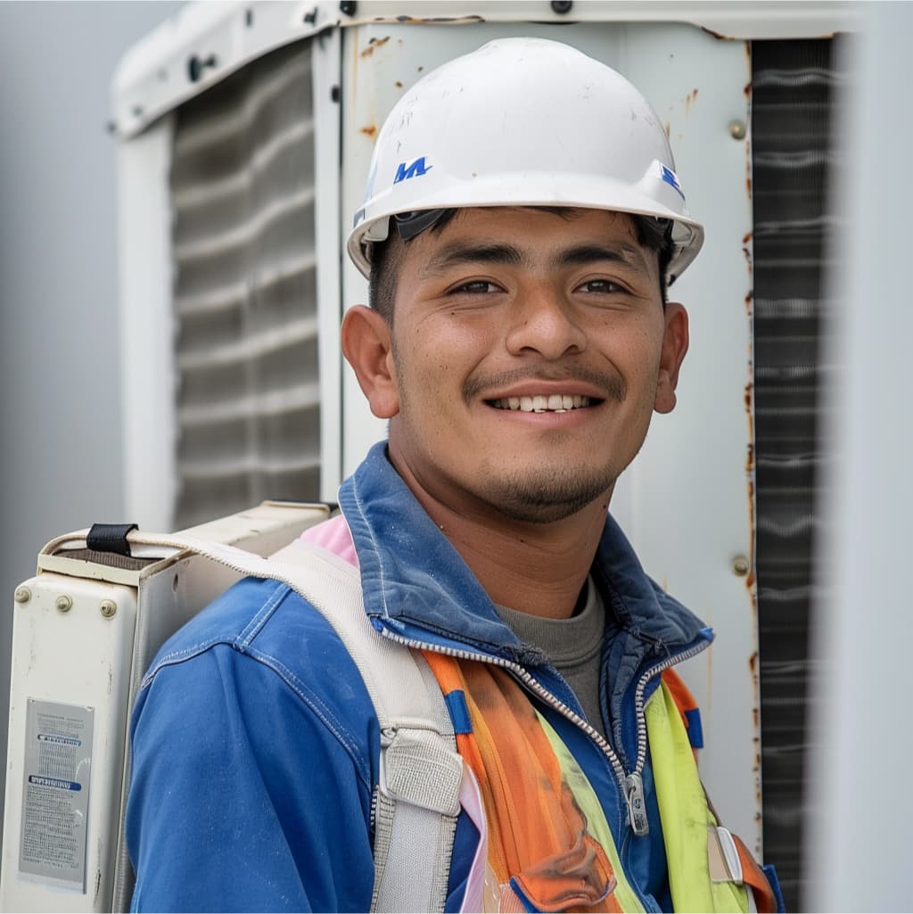 Trabajador de CFM Ventilación y soluciones feliz instalando un sistema de ventilación